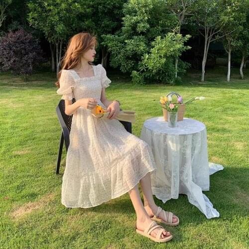 2021 Sweet Summer Women Floral Dress Retro Polka Dot Chiffon Short Sleeve Long Skirt Square Collar Korean Elegant Dresses Party
