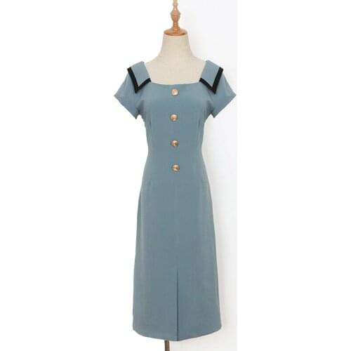 PERHAPS U Women Green Vintage Button Short Sleeve Knee Length Dress D1062