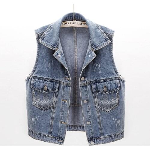 2021 New Spring Diamond Short Blue Denim Vest Female Loose Korean Sleeveless Jacket Women Single-Breasted Jeans Waistcoat G1020