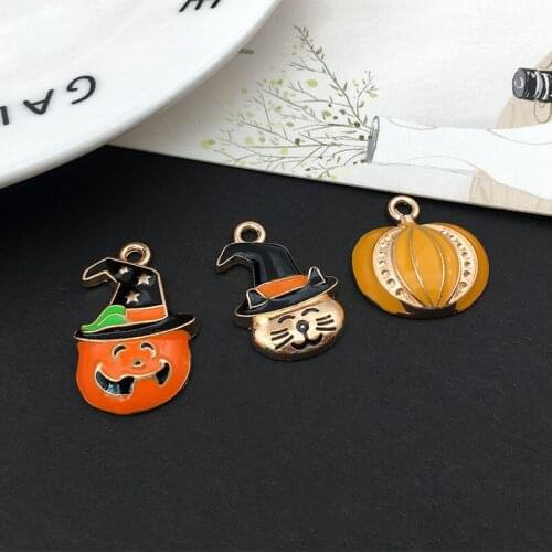 50pcs MIX DIY enamel Halloween Funny pumpkin cat head charm oil drip pendants for earring or necklace handmade
