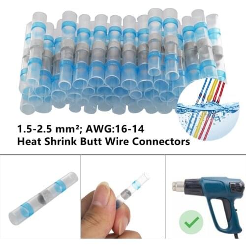50pcs Waterproof Insulated Heat Shrink Solder Wire Connectors Electrical Terminals For Cable Butt Splices 16-14AWG