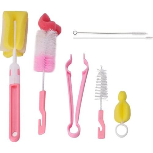 7pcs/set Baby Bottle Brush Set Baby Nipple 360-degree Rotating Clean Sponge Spout Cup Brush Kit Bottle Clean Tool