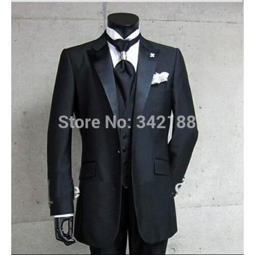 FREE SHIPPING!Real Photo One Button Black Groom Tuxedos/Peak Satin Lapel Best man Groomsman Men Wedding Suits/Bridegroom tuxedos