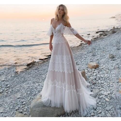Bohemian Wedding Dresses 2020 Off Shoulder Lace Appliques Bridal Gowns Sexy Backless Beach A Line Wedding Dress Robe De Mariee