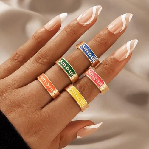 Docona 5pcs/set New Trendy Amour Couple Rings for Women Men Colorful Dripping Oil Letter Ring Set Wedding Jewelry Anillos 19846