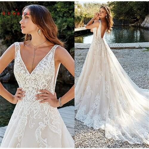 Elegant Wedding Dresses 2021 New Design A-line V-neck Open Back Tulle Lace Appliques Formal Bride Dress Custom Made DE14