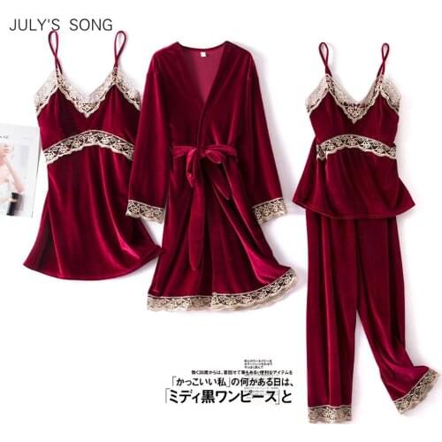 JULYS SONG Fashion Velvet 4 Pieces Warm Spring Summer Pajamas Sets Women Sexy Lace Robe Pajama Sleepwear Suit Sleeveless