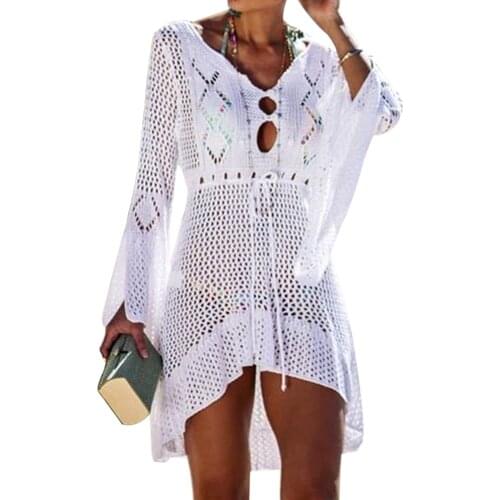 JODIMITTY 2020 Summer Women Casual Hollow Out Knit Dress Trumpet Sleeve Beach Bikini Sun Protection Clothing Cover Up