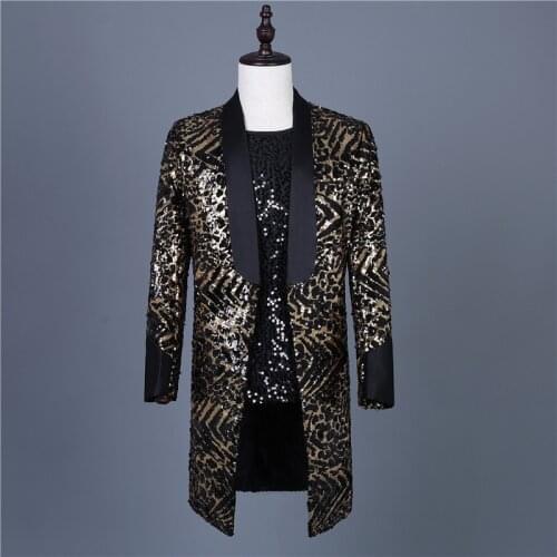 Luxury Mens leopard sequined long suit nightclub guest DJ stage costume night rock male lead dancer costume homme ropa hombre