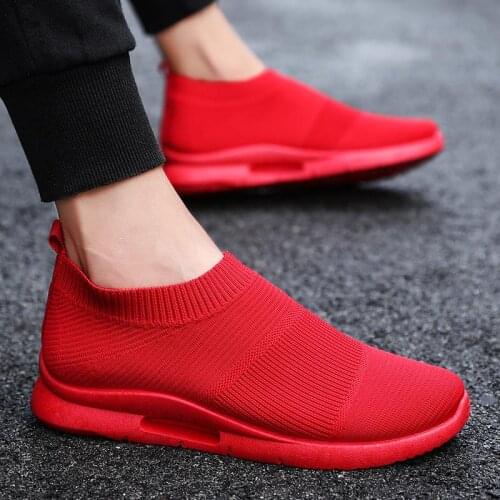 Big Size Breathable Slip on Sneakers Socks Men Sports Shoes Boy Sport Sneakers Mens Running Tennis Red Knit Trainers Flat B-889