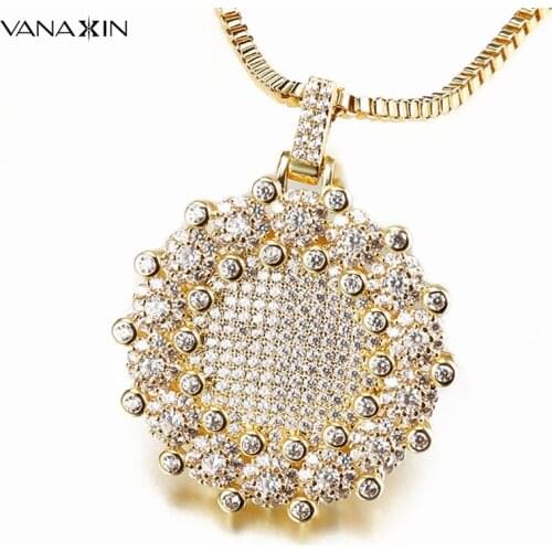 Round Iced Out CZ Micro Paved Pendants For Men Women Shiny Jewelry Gold/Silver Color Box Gift with 20" chain