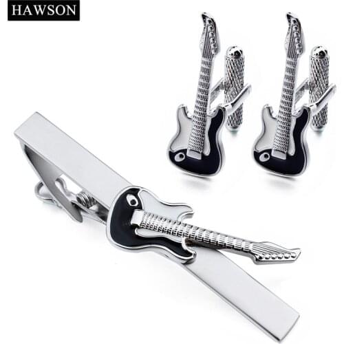Guitar Pattern Cufflinks Set HAWSON Musical Instruments Tie Clip Cuff Links Match Mens Party Ceremony Shirt