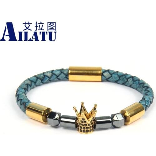 New Mens Cz Crown Bracelet Stainless Steel 6mm Genuine Leather Magnetic Clasp Vintage Male Bangle Jewelry Drop Shipping