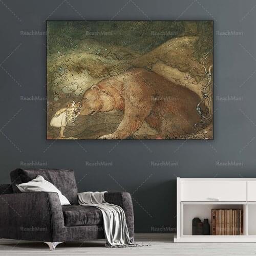 John Bauers "Poor Bear", kissed the bear on the nose, young prince fairy tale print posters, art prints, wall art, room decorat