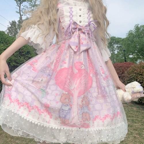 Hstar Daily Summer Kawaii Cartoon Print Sleeveless Sling Dress Cosplay Costume Japanese Style Victorian Sweet Lolita Dress