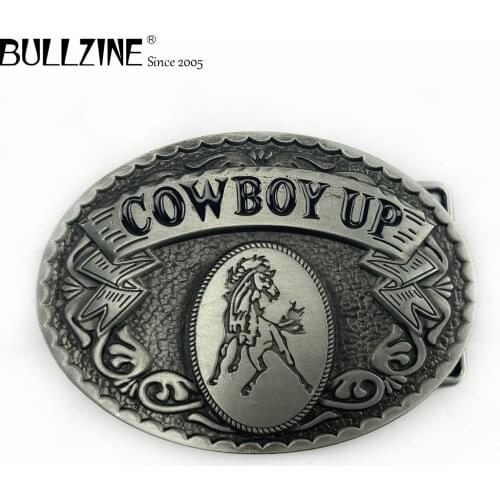 The Bullzine Cowboy up belt buckle with pewter finish FP-03423 suitable for 4cm width belt