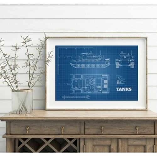 Realistic Tank Blueprint Canvas Art Poster Prints War Vehicle Industrial Drawing Art Painting Picture Home Wall Decor Boys Gift