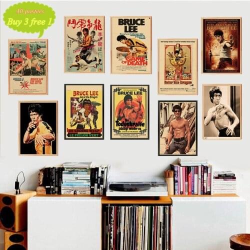 DLKKLB Retro Poster Bruce Lee Nostalgia Classic Old Movie Poster Master Kung Fu Kraft Paper Bar Cafe Decor Wall Sticker