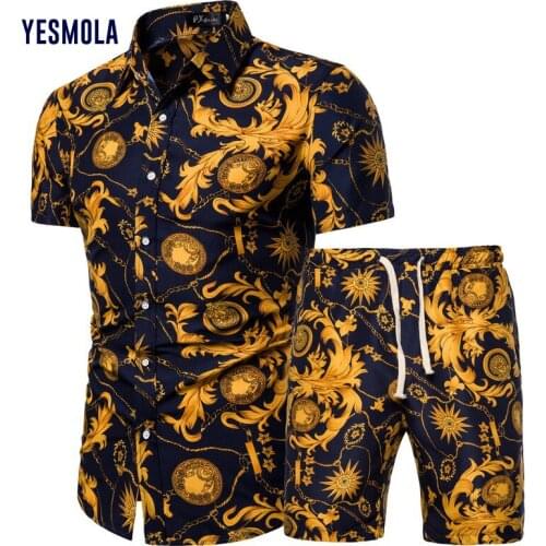 YESMOLA 2021 Summer New Mens Clothing Short-sleeved Printed Shirts Shorts 2 Piece Fashion Male Casual Beach Wear Clothes