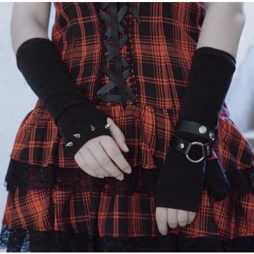 Ruibbit Gothic Harajuku Punk Black Glove Women Half Finger Length Sleeve Rivet Cosplay Streetwear Warm Hot Girl Y2k