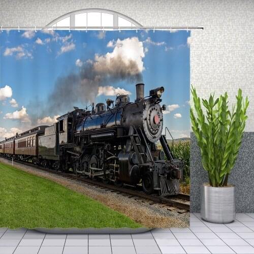 Retro Train Shower Curtains Steam Engine Natural Scenery Bathroom Decor Home Bathtub Waterproof Polyester Fabric Curtain Set