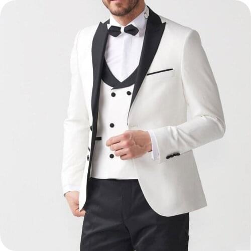 Stylish Design Two Buttons Ivory Groom Tuxedos Groomsmen Peak Lapel Mens Suits Blazers (Jacket+Pants+Vest+Tie) W:1146
