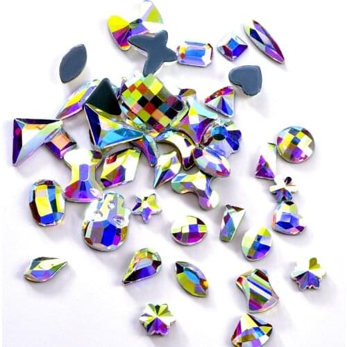50pcs High Quality 30 Shapes Glass Crystal AB Hot Fix Rhinestones Flatback Hot Fix Strass for DIY Clothes Decoration B0975
