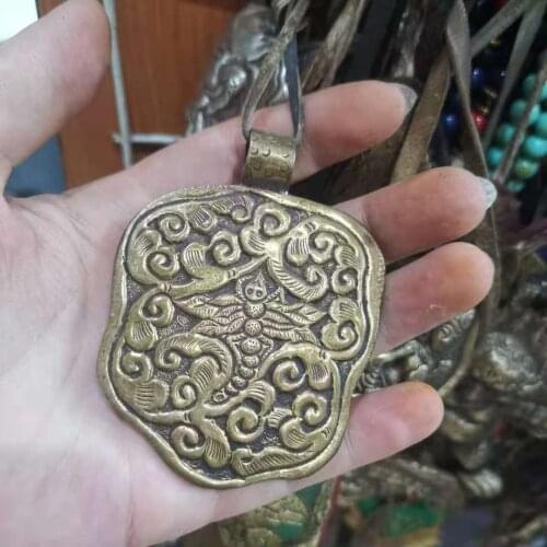 Tibetan Antique Bronze Pendant Carved Buddhist Elements Classic Pattern Mysterious Dragon Buddha Animal Leather Brocade