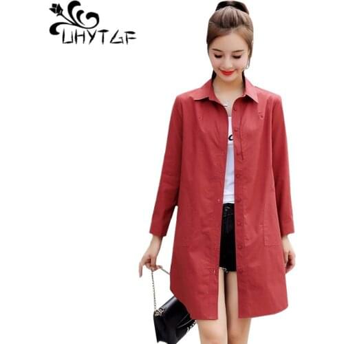 UHYTGF Fashion autumn trench coat for women Single-breasted thin Loose plus size outerwear Casual Lady long windbreaker coat 320