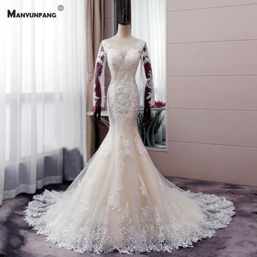 High-End O-Neck Embroidery Appliques Tulle Chapel Train Bridal Gown Custom Made Full Sleeve Lace Up Back Mermaid Wedding Dress