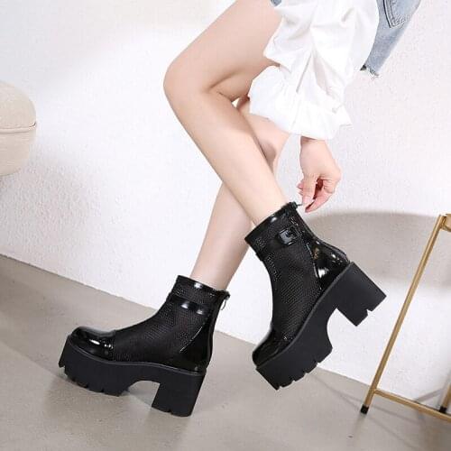 Autumn Punk Gothic Mid-Calf Boots Women Fashion black platform Woman Leather Shoes Winter PU Large Size fall boots LJB180