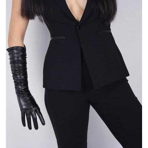 Womens runway fashion pu leather black long gloves female sexy club dancing driving long floded touchscreen glove 40cm R2713