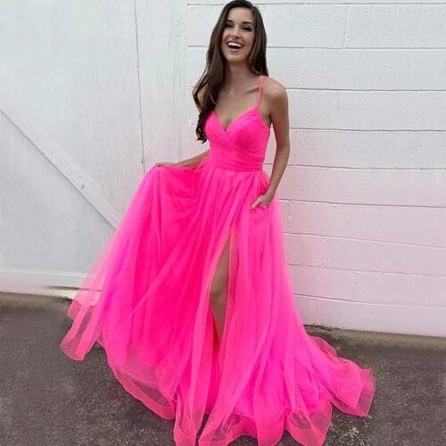 Fuchsia Tulle Elegant Prom Dresses 2020 Spaghetti Strap Slit Corset Girls Long Graduation Gowns Women Formal Evening Dress