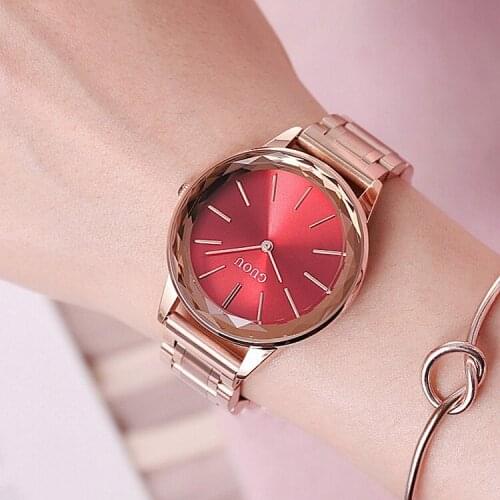 2018 Original Guou Brand Simple Style Crystal Black White Red Purple Rose Gold Steel Quartz Bracelet Wrist Watch For Women Girls