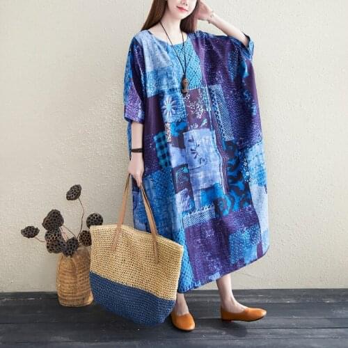 2021 Plus Size 4XL 5XL 6XL 7XL Cotton Maxi Dresses For Women Oversize Printed Batwing Short Sleeve Long Dress Female Linen Dress