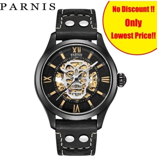 Parnis 43mm Luxury Brand Skeleton Watch Mens Skull Designer Watches 100M Waterproof Luminous Mechanical Automatic Movement Watch
