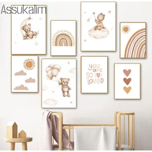 Rainbow Sun Canvas Painting Cartoon Bear Poster Cloud Moon Prints Nursery Wall Print Nordic Baby Bedroom Decoration Paintings
