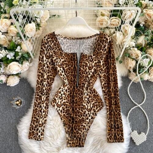 Leopard print bodysuit women long sleeve square collar zipper up sexy romper ladies jumpsuit club outfits female tops blouse