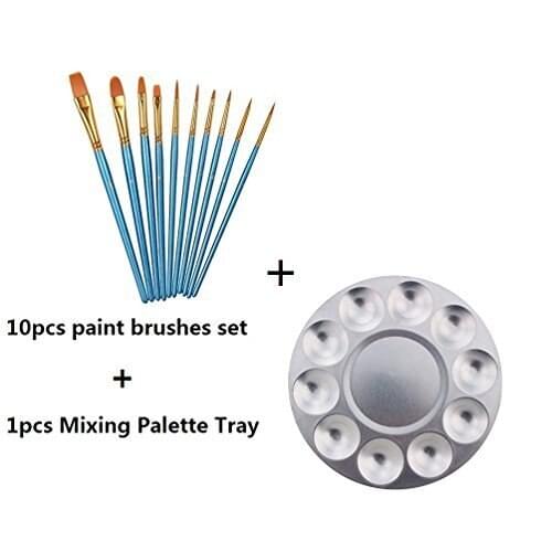 Painting Art Supplies Set ,10 Pieces Blue Round Pointed Tip Nylon Hair Brush + 1Pcs 10 Well Round Watercolours Paint Palette