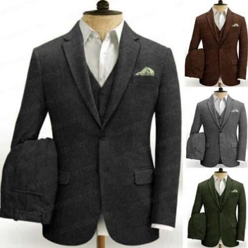 New Classic Dark Grey Tweed Men Wedding Suit 3 Pieces Custom Plus Size Bridegroom Tuxedo Winter Business Jacket Vest Pants Set
