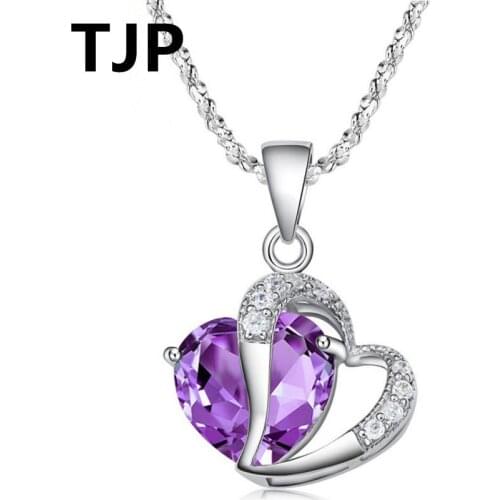 TJP Cute Purple Crystal Pendants Necklace For Women Engagement Fashion 925 Sterling Silver Clavicle Choker Necklaes Girl Bride