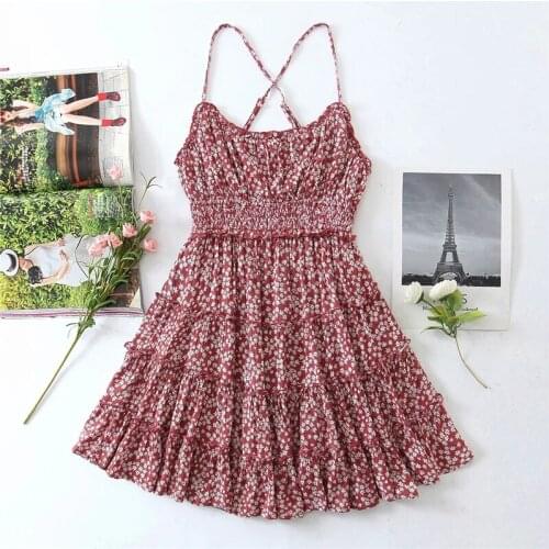 Merodi Women Elegant Floral Print Spaghetti Strap Red Mini Dress Chic Lady Fashion Backless High Waist Spring Sling Dress Femme