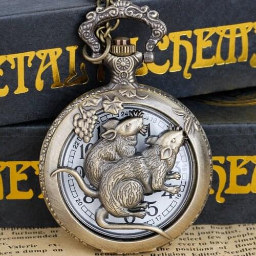 Dropshipping Mouse Pattern Bronze Hollow Quartz Pocket Watches Necklace Pendant Women Mens Gift CF1081