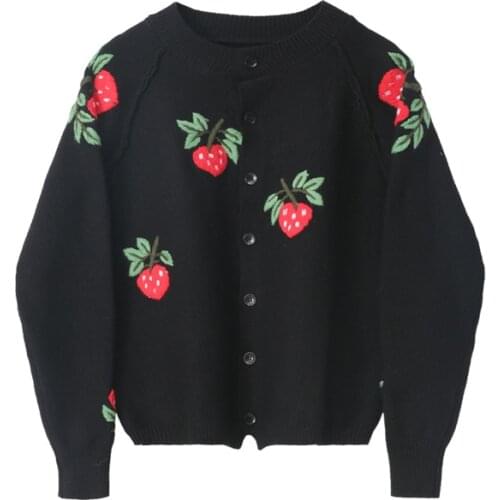 Fall Winter Sweater Embroidery Women Strawberry Fruit Jacquard Sweet Vintage Korean Zaful Knitted Jackets Elegant Lady Cardigan