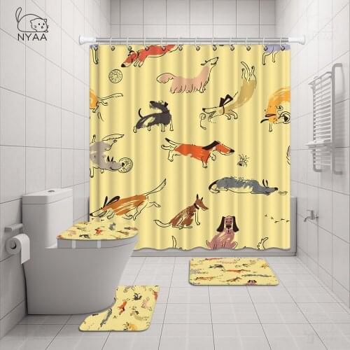 Cute Dachshund Bath Curtain with Free Hooks 3D Dog Print Shower Curtain Toilet Lid Cover Bath Rug Mats 4PCS Shower Curtain Set