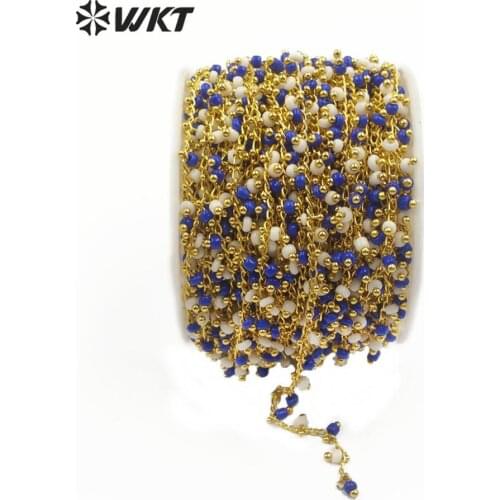 WT-RBC127 WKT Multi Blue White Crystal Beads Gold Electroplated Wire Wrapped Tiny Bead Rosary Chain For Women Stylish Jewelry