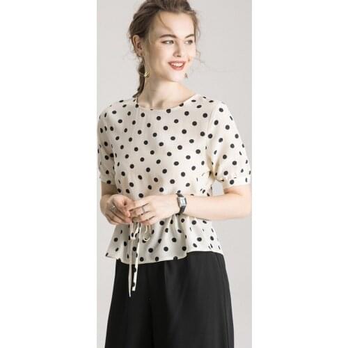 Summer Pure Silk Tee 100% Mulberry Silk Top Women Polka Dot Loose Shirt M L XL FREE SHIPPING