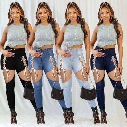 Woman Jeans Bandage Hole Fashion Pencil Pants Skinny Hollow Out High Waist Casual Sexy Jean Female Full Length Denim Trouser