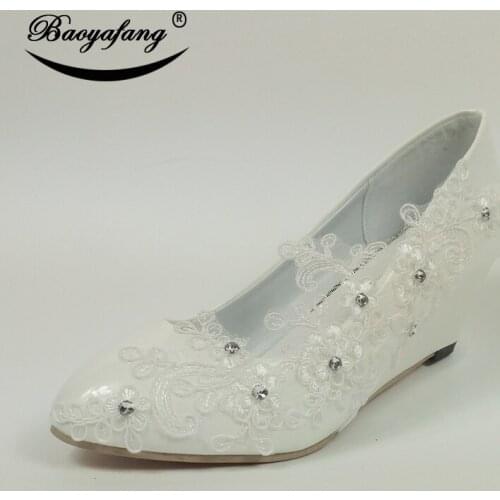 BaoYaFang White Lace Wedges Women sheos Bride Ladies Party dress shoes Female 5cm Wedges Fashion wedding shoes woman