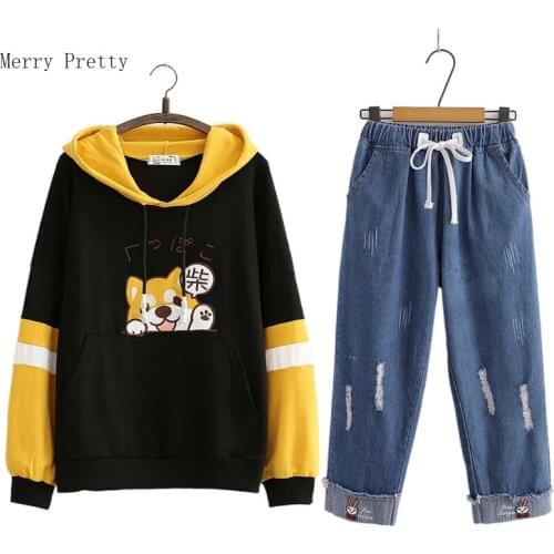 Womens Casual Sets Two Piece Pant Set Cartoon Embroidery Hooded Sweatshirts And Denim Pants Tracksuit Suit 2021 Summer Clothing